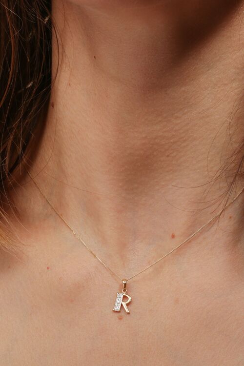 Solid Yellow Gold Diamond "R" Initial Pendant Necklace