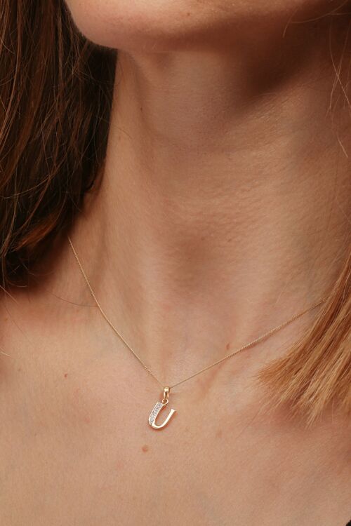 Solid Yellow Gold Diamond "U" Initial Pendant Necklace