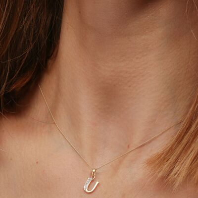 Solid Yellow Gold Diamond "U" Initial Pendant Necklace