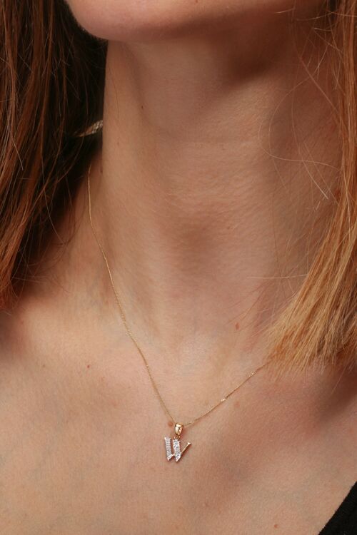 Solid Yellow Gold Diamond "W" Initial Pendant Necklace