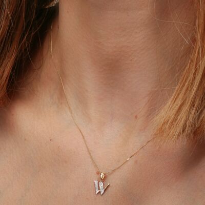 Solid Yellow Gold Diamond "W" Initial Pendant Necklace