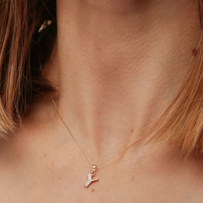 Solid Yellow Gold Diamond "Y" Initial Pendant Necklace