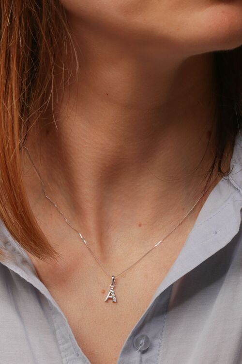 Solid White Gold Diamond "A" Initial Pendant Necklace