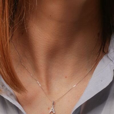 Solid White Gold Diamond "A" Initial Pendant Necklace