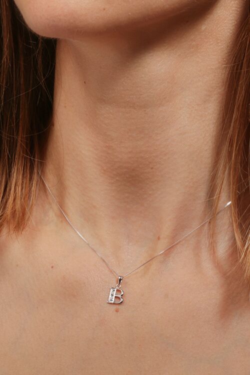 Solid White Gold Diamond "B" Initial Pendant Necklace