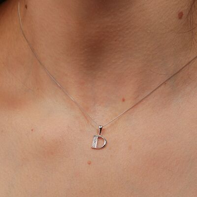 Solid White Gold Diamond "D" Initial Pendant Necklace
