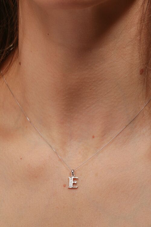 Solid White Gold Diamond "E" Initial Pendant Necklace