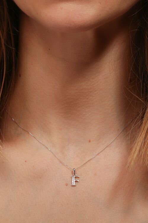 Solid White Gold Diamond "F" Initial Pendant Necklace