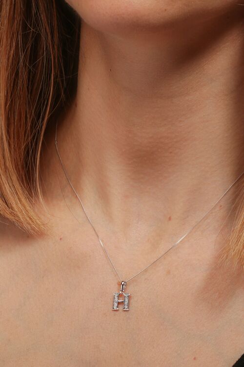Solid White Gold Diamond "H" Initial Pendant Necklace