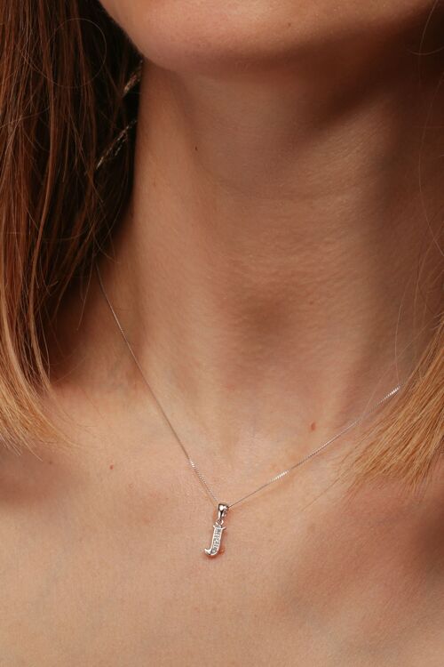 Solid White Gold Diamond "J" Initial Pendant Necklace