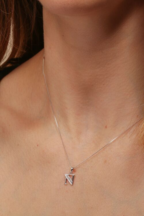 Solid White Gold Diamond "N" Initial Pendant Necklace