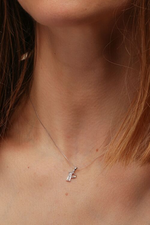 Solid White Gold Diamond "P" Initial Pendant Necklace