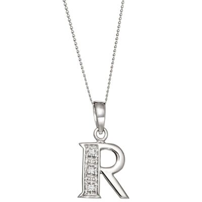 Solid White Gold Diamond "R" Initial Pendant Necklace