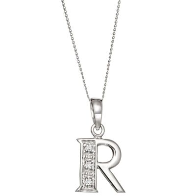 Collier pendentif initial « R » en or blanc massif et diamant