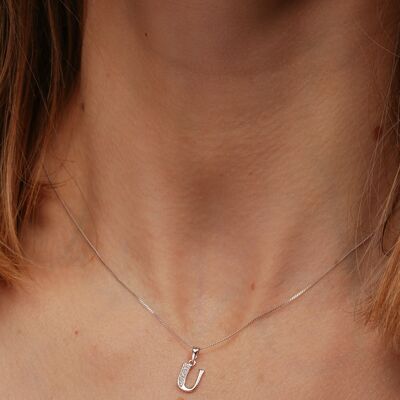 Solid White Gold Diamond "U" Initial Pendant Necklace