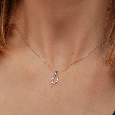 Solid White Gold Diamond "U" Initial Pendant Necklace