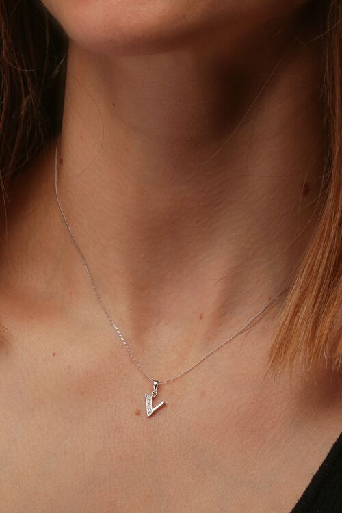 Solid White Gold Diamond "V" Initial Pendant Necklace
