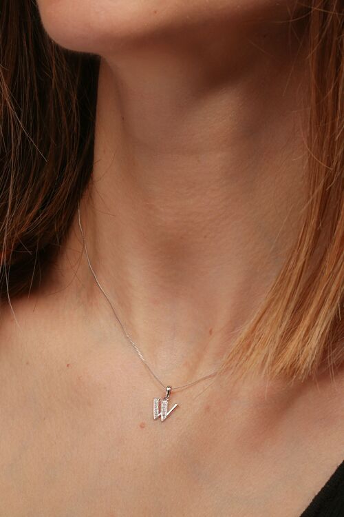 Solid White Gold Diamond "W" Initial Pendant Necklace