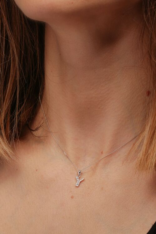 Solid White Gold Diamond "Y" Initial Pendant Necklace