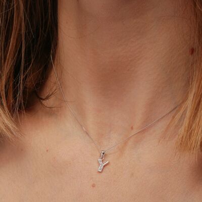 Solid White Gold Diamond "Y" Initial Pendant Necklace