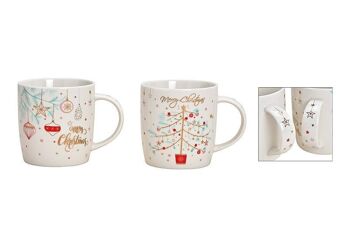 Mug Joyeux Noël, décoration sapin, boules de Noël en porcelaine blanche, or 2 fois, (L/H/P) 12x9x9cm 340ml