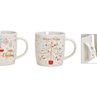 Tazza Buon Natale, albero, decorazione con palline di Natale in porcellana bianca, oro 2 volte, (L/A/P) 12x9x9 cm 340 ml