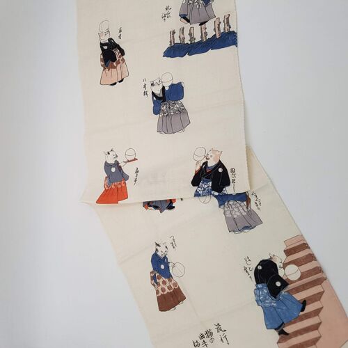 Tenugui serviette japonaise 100% coton imprimé avec reproduction d'estampe Chats Sportifs de l'artiste japonais Utagawa Kuniyoshi, bandeau