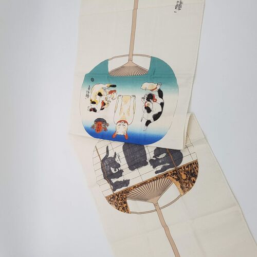 Tenugui serviette japonaise 100% coton imprimé Eventail Chats avec reproduction de l'artiste japonais Utagawa Kuniyoshi