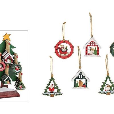 Weihnachtshänger Baum, Haus, Kugel (B/H/T) 7x7x0.5 cm  auf Baumständer aus Holz Bunt 6-fach