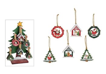 Sapin de Noël, maison, boule (L / H / P) 7x7x0,5 cm sur support d'arbre en bois coloré 6 plis