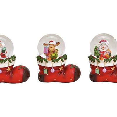 Snow globe Santa Claus, snowman, elk with Christmas hat on a poly boot base, glass colored 3-fold, (W / H / D) 10x11x7cm