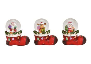 Boule à neige Père Noël, bonhomme de neige, élan avec chapeau de Noël sur une base de botte en poly, verre coloré 3 volets, (L / H / P) 10x11x7cm