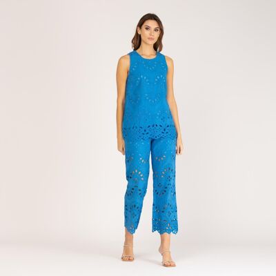 Blue perforated cotton flared trousers