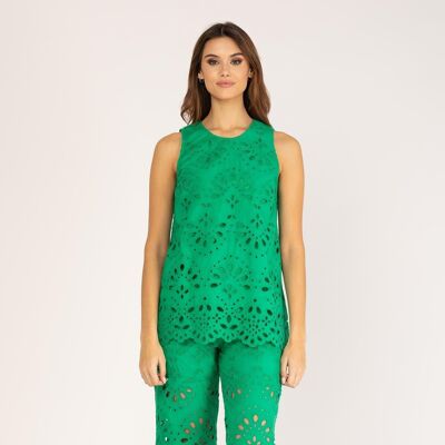 Green perforated cotton armhole sleeve blouse