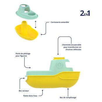 Jouet de bain et plage, Bateau transformable 2-en-1, Made in France en plastique recyclé, Cadeau 1-5 ans, Pâques 7