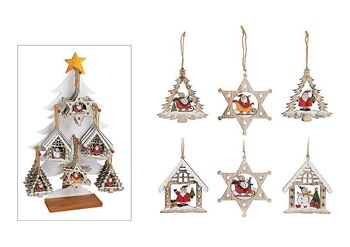 Sapin de Noël, maison, étoile Nikolaus, décor de bonhomme de neige sur pied d'arbre en bois coloré 6 plis (L/H/P) 10x10x0,5 ccm