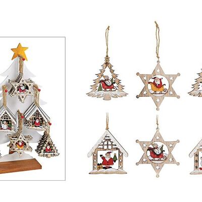 Colgador de estrella de la casa del árbol de Navidad sobre soporte de árbol de madera, 6 veces, natural (An/Al/Pr) 10x10x0.5 cc