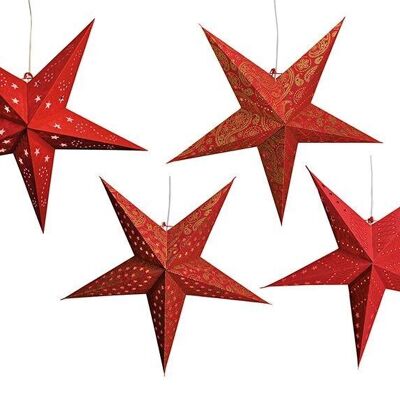 Light star made of paper in red with 5 points, 4 assorted, 60 cm