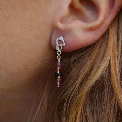 Long Lumi earrings in solid silver and natural ruby and tourmaline stones