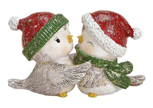 Wintervogelpaar mit Weihnachtsmütze aus Poly Weiß (B/H/T) 8x4x3cm