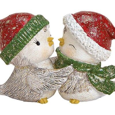 Coppia di uccelli invernali con cappello natalizio in poliestere bianco (L / A / P) 8x4x3cm