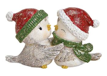 Couple d'oiseaux d'hiver avec chapeau de Noël en poly blanc (L / H / P) 8x4x3cm