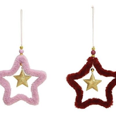 Hanging star made of metal, plush Bordeaux, pink 2-fold, (W/H/D) 15x18x1cm