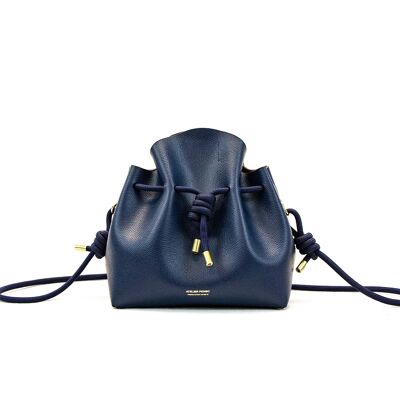 Blue leather bucket bag - rope shoulder strap