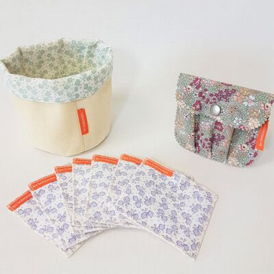 Zero waste bathroom basket "Multifleurs": 7 wipes + soap pouch in recycled tarpaulin