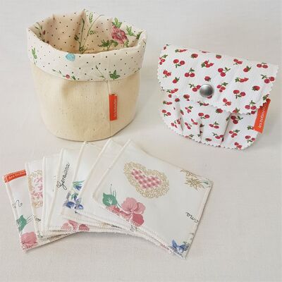 Zero waste bathroom basket "Spring": 7 wipes + soap pouch in recycled tarpaulin