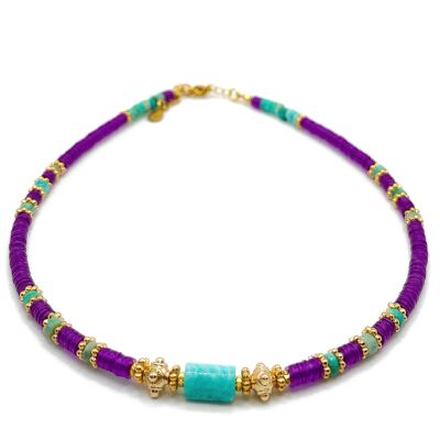 Collana realizzata con vere perle Heishi in vinile africano, pietre di amazzonite e perline placcate in oro - Fatto a mano - Ravage