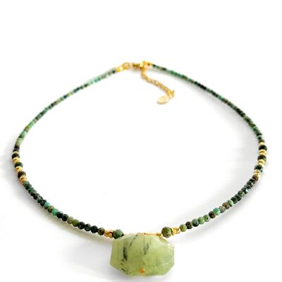 Collier en pierre de turquoise africaine, pendentif en prenhite et perles plaquées or - Fait main - Ravage