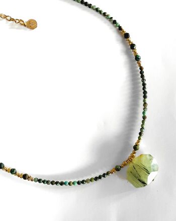 Collier en pierre de turquoise africaine, pendentif en prenhite et perles plaquées or - Fait main - Ravage 2