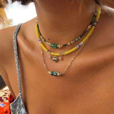 Zoisit-Halbedelstein-Halskette und vergoldete Perlen – handgefertigt – Ravage